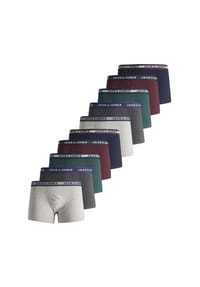 JACK & JONES - Jungen Boxershorts, 10er Pack - JACOLIVER TRUNKS, Baumwoll-Stretch, Logobund - Grau/Blau/Grün/Rot