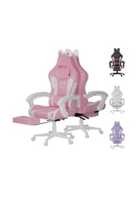 Rattantree - Gamingstuhl J mit Katzenohren, Fußstütze, Massage-Lendenkissen und Liegefunktion,Rosa-Weiß - bicolor