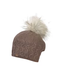 CAPO - Strickmütze Kaschmir fake fur pompon, Fleecestreifen - beige