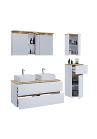 VCM. - 6-tlg. Doppelwaschtisch Cosila mit 2 Keramikbecken – Badschrank  H. 51 x B. 111 x T. 51 cm mit 2 Softclose-Schubladen, Spiegelschrank mit Beleuchtung & Steckdose, Midi und Hängeschrank, Waschplatz Set Cosila-A - Anthrazit / Honig-Eiche