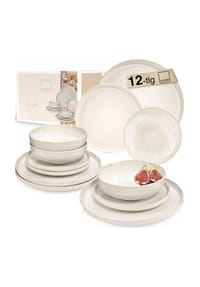 SÄNGER - Steingut Geschirrset Korfu - cremefarben - Tafelservice 12 teilig