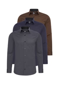 RUSTY NEAL® - Hemd (3er-Pack) Langarm im Slim-Fit geschnitten - Anthrazit-Navy-Braun
