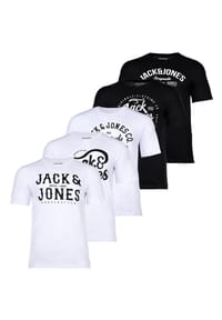 JACK & JONES - Herren T-Shirt, 5er Pack - JJLEOGRA TEE CREW NECK, Kurzarm, Rundhals, Baumwolle, Logo-Print - Schwarz/Weiß/Blau/Grün