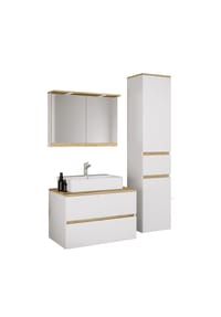 VCM. - 4-tlg. Waschtisch Set mit Keramikbecken, Badschrank mit 2 Softclose-Schubladen, Hochschrank, Spiegelschrank mit Beleuchtung und Steckdose, Maße Unterschrank H. 51 x B. 80 x T. 51 cm, Cosila-A - Anthrazit