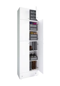 VCM. - Holz-Schuhschrank | Maße: H. 240 x B. 70 x T. 39 cm| Allzweckschrank | 5 Fächer | 4 Drehtüren | Aufsatz mit 2 Türen | extra Schublade– Lona - Buche