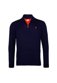 U.S. POLO ASSN. - Herren Strickpullover mit Stehkragen - Half Zip, Logo, Baumwolle - Beige