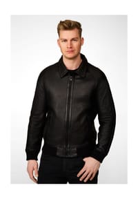 RICANO - Herren Lederjacke Ben, dünner Blouson mit Polokragen - Schwarz