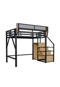 KOMHTOM - Hochbett 140 x 200 cm mit Sicherheitsleiter und Stauraum, Metallkonstruktion, schwarz - Schwarz