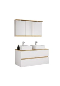 VCM. - 4-tlg. Doppelwaschtisch Cosila mit 2 Keramikbecken – Badschrank  H. 51 x B. 111 x T. 51 cm mit 2 Softclose-Schubladen, Spiegelschrank mit Beleuchtung & Steckdose, Waschplatz Set Cosila-A - Anthrazit / Honig-Eiche