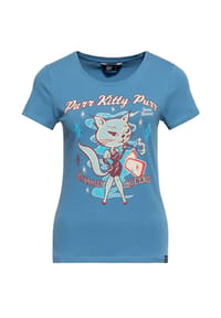 QUEEN KEROSIN - T-Shirt mit Rockabilly-Artwork Purr Kitty Purr - blau
