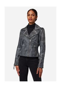 RICANO - Damen Lederjacke Studd, Bikerjacke mit Nietenbesatz auf Schulter und Rücken - Grau