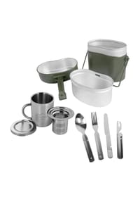normani® - Aluminium-Kochgeschirr „Pennsylvania“, Tasse „Utah“, Teesieb „Delaware“, Essbesteck „Kalifornien“ - Oliv