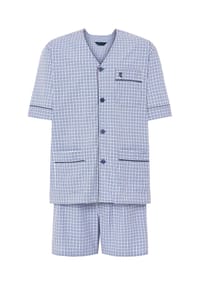 El Búho NOCTURNO® - Kurzer Herren-Schlafanzug, Baumwoll-Popeline, kariert - blau/weiß