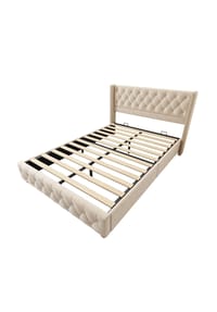 KOMHTOM - Polsterbett 160x200, Samt hellbeige, mit Holzbeinen – ohne Matratze - Hellbeige