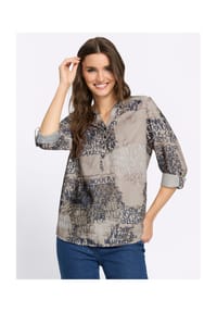 SIEH AN! - Langarm-Bluse - beige-dunkelblau-bedruckt