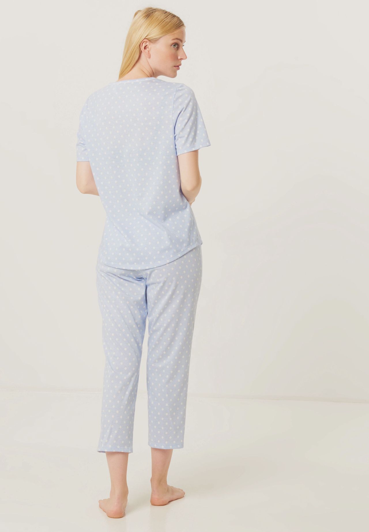 Damen Wäsche DR. SCHELLER Smart Casual Capri-Pyjama, Kurzarm, Punkte, Split-Neck, für Damen