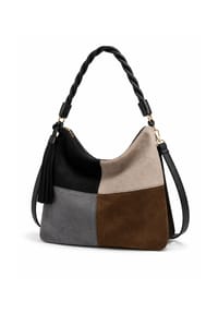 collezione alessandro® - Schultertasche Patchwork Patchwork-Optik aus softem Velourimitat - dunkelbraun