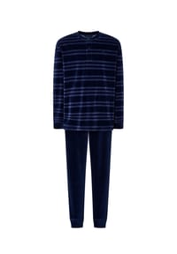 El Búho NOCTURNO® - Langer Herren-Schlafanzug aus Baumwolle und Polyester-Samt, gestreift - blau