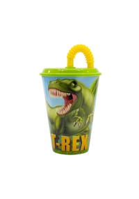 COFI - Dino Trinkbecher 430 ml mit Deckel und Strohhalm - Mehrfarbig 16,5x9x9 cm