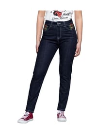 QUEEN KEROSIN - High-Waist-Jeans 50s Western Look mit Stickerei - blau