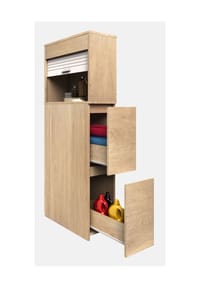 VCM. - Badmöbel Nischenschrank | Maße: H. 131 x B. 25 x T. 48 cm | Raumteiler | 2 Schubladen | 1 großes offenes Fach mit Rolladen - Tasalo - Honig-Eiche