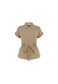 freshlions - Kurzarmbluse Zoey mit Bindeband in der Taille - beige