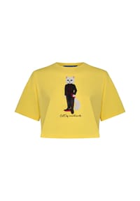 cat e lolette - Gelbes, kurzes, übergroßes T-Shirt mit sportlicher Katze - gelb