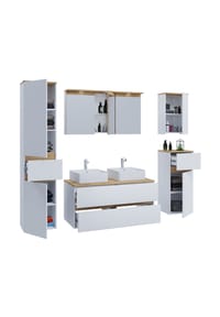 VCM. - 7-tlg. Doppelwaschtisch Cosila mit 2 Keramikbecken – Badschrank  H. 51 x B. 111 x T. 51 cm mit 2 Softclose-Schubladen, Spiegelschrank mit Beleuchtung & Steckdose, Midi und Hängeschrank, Waschplatz Set Cosila-A - Anthrazit / Honig-Eiche