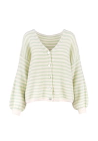 Seasons of April - Gestreifter CANDY Damen Cardigan, Kuschelig, Oversize, V-Ausschnitt, Strickjacke - Babyblau Weiß