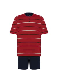 El Búho NOCTURNO® - Kurzer Herren-Schlafanzug, Knopfleiste, Baumwolle, gestreift - rot/marineblau