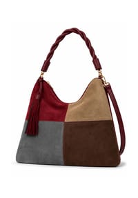 collezione alessandro® - Schultertasche Patchwork Patchwork-Optik aus softem Velourimitat - dunkelbraun