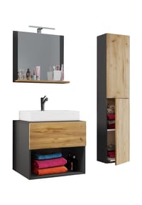 VCM. - 4-tlg. Waschplatz | Waschtisch Unterschrank Badmöbel Set Waschbecken Lendas II - Anthrazit / Honig-Eiche