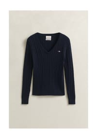 GANT - Damen Cabel-Strickpullover - STRETCH COTTON CABLE V-NECK, Zopfstrick - Beige