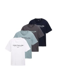 TOM TAILOR - Herren T-Shirt, 4er Pack - T-Shirt with Print, Rundhals, Regular Fit, Baumwolle - Blau/Grau/Mintgrün/Weiß
