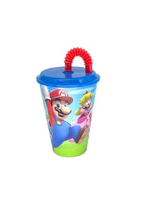 COFI - Super Mario Trinkbecher 430 ml mit Deckel und Strohhalm - Mehrfarbig 16,5x9x9 cm