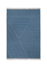 WECONhome - Kurzflorteppich Ocean Lines - Handgewebter Schurwollteppich mit Fransen und 3D-Struktur - blau, weiß