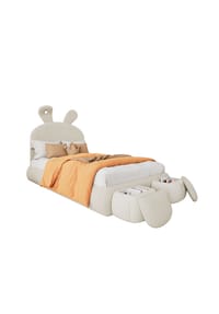 KOMHTOM - Kinderbett 90x200cm mit zwei Aufbewahrungshockern, beiger Samtstoff - Beige