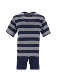 hajo - Herren Schlafanzug Set - Shorty, kurz, Henley-Kragen, Klima-Light, Cotton-Mix - Blau