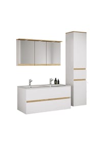 VCM. - 4-tlg. Doppelwaschtisch Cosila mit Doppel Keramikbecken – Badschrank H. 51 x B. 111 x T. 51 cm mit 2 Softclose-Schubladen, Spiegelschrank mit Beleuchtung & Steckdose und Hochschrank Cosila-I - Anthrazit / Honig-Eiche