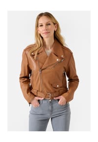 RICANO - Damen Lederjacke Hera Oversized - Bikerjacke mit Gürtel und Reverskragen - Cognac