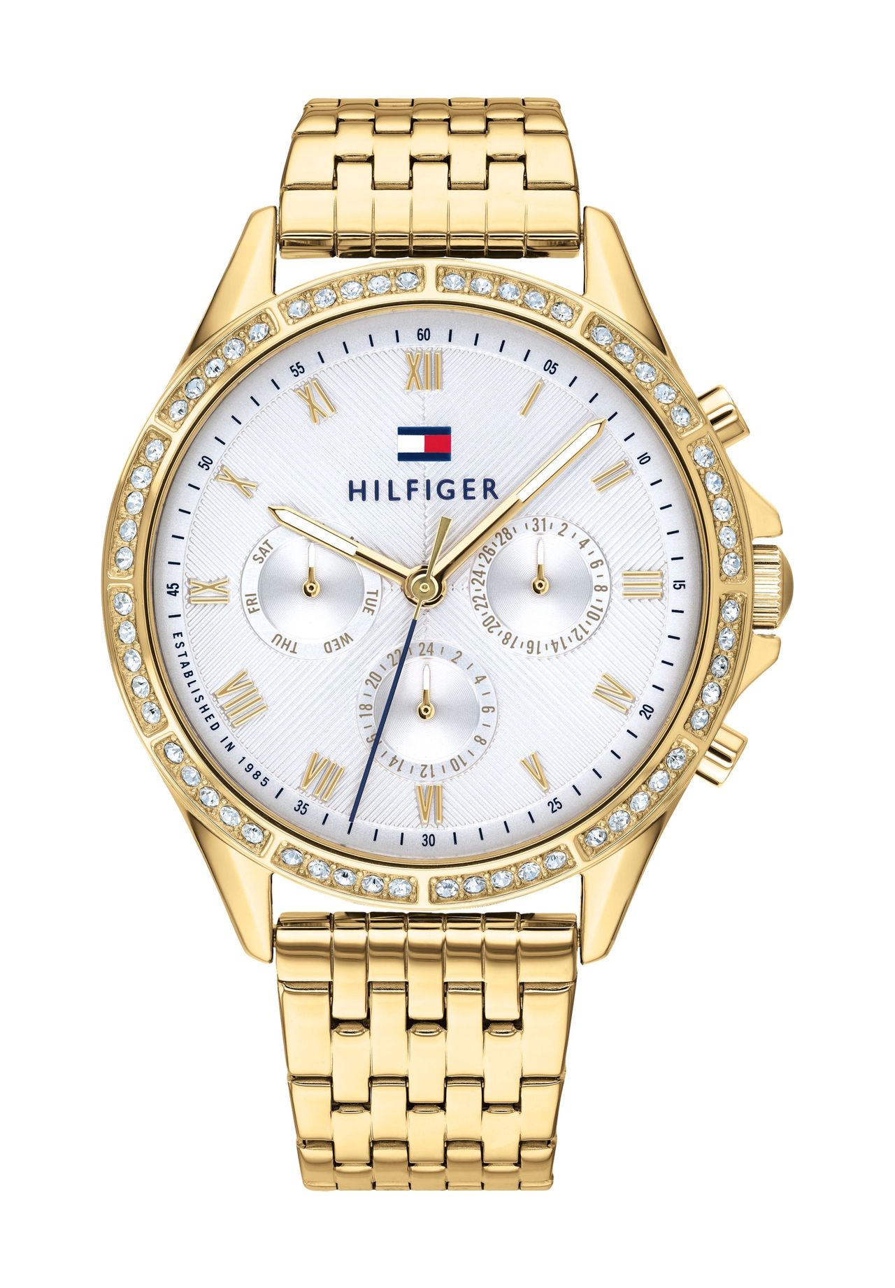 Tommy Hilfiger Damen Gold Multifunktionsuhr "Ari", (Goldfarben), Armbanduhren, Quarzuhr, Armbanduhr, Uhr, Datum, Edelstahlarmband, Glassteine - Image 3