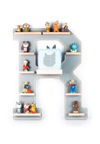VCM. - My Home - Kinderregal Buchstabe R | hängend für Toniebox und Tonie Figuren | platzsparendes Regal | H. 54 x B. 44 x T. 19 | Wandregal Musikbox und Figuren Aufbewahrung Magneteinsätzen | Aufbewahrungsregal Holz - Grau