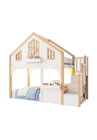 KOMHTOM - Hausbett 90x200cm mit LED und Stauraumtreppe in Weiß+Naturfarbe - Weiß