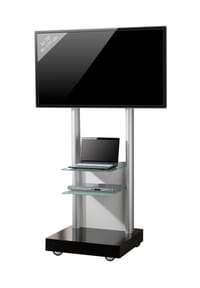 VCM. - TV Standfuß aufgebaut | 32-70 Zoll  bis 45 kg | VESA max. 600x400 | Fernsehwagen Ständer aus Alu | TV Bodenständer Maße ca. H. 177 x B. 70 x T. 65 | Rollwagen mit Fachboden | Fernsehstand Monte Visolo 2 - Klarglas