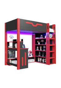 KOMHTOM - Hochbett 90x200 cm mit mehrstufigem Stauraum und LED-Beleuchtung, Schwarz - Schwarz