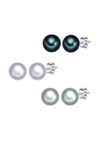 VALERO PEARLS - Damen Set (Ohrringe 3er) aus 925/- Sterling Silber in Silber mit Süßwasser-Zuchtperle - grau