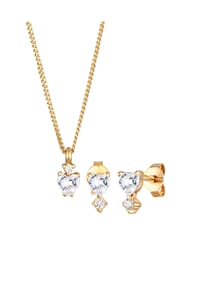elli. - Schmuckset Set Kette Ohrstecker Herz Zirkonia 925 Sterling Silber Vergoldet - Rot