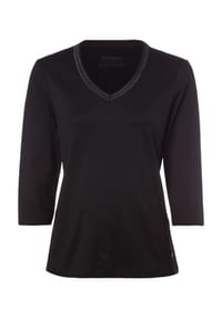 olsen - Basic-Shirt, reine Baumwolle, verzierter V-Ausschnitt, für Damen - 80000 BLACK