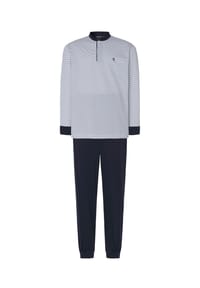 El Búho NOCTURNO® - Premium- Schlafanzug für Herren, Lang, Baumwolle, gestreift - grau/blau