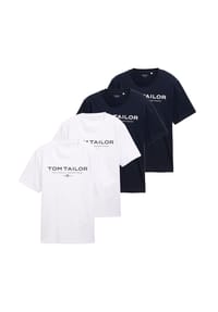 TOM TAILOR - Herren T-Shirt, 4er Pack - T-Shirt with Print, Rundhals, Regular Fit, Baumwolle - Blau/Weiß
